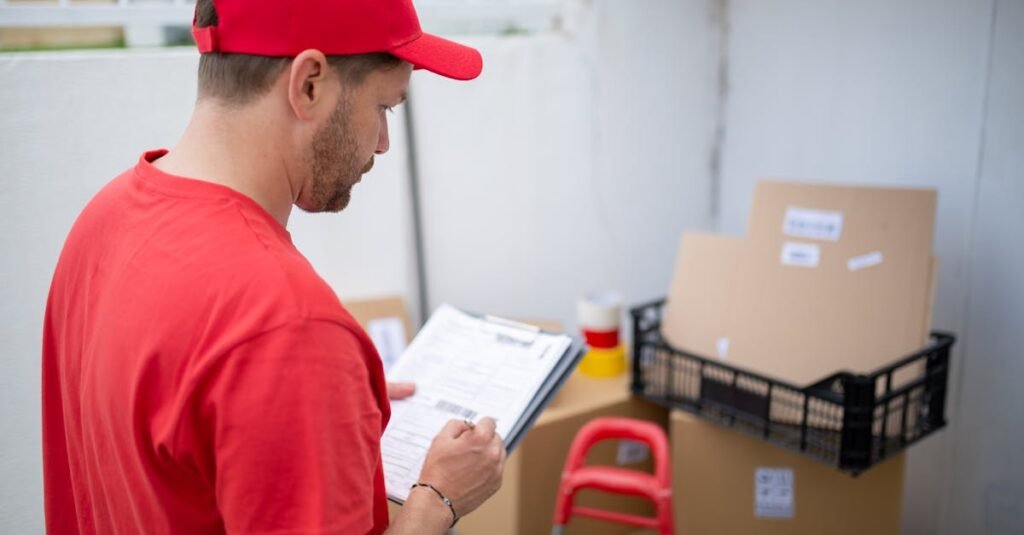 pexels-photo-7843974-7843974-1 Delivery person in red uniform checks packages. Outdoor location, Portugal.